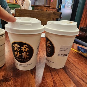 Wonton Cafe - On left Yuen Yeung(coffee+tea), hot, and we asked for no sugar; on right Hong Kong style milk tea, hot, no sugar - Noodles Near Me - Boston, Massachusetts Wonton Cafe - On left Yuen Yeung(coffee+tea), hot, and we asked for no sugar; on right Hong Kong style milk tea, hot, no sugar - Noodles Near Me - Boston, Massachusetts