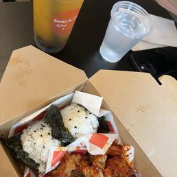 Combo special w/Fried K-chicken and Bulgogi Joomukbap with a Mango green tea w/boba Combo special w/Fried K-chicken and Bulgogi Joomukbap with a Mango green tea w/boba