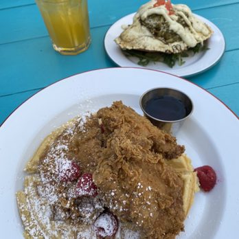 Stella's - Buttermilk Fried Chicken with Waffles and stuffed crab back - Caribbean Near Me - Brooklyn, New York