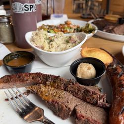 Mr Pigs Smokery - Brisket, sausage, corn bread, mashed potatoes, Carolina sauce. YUM!