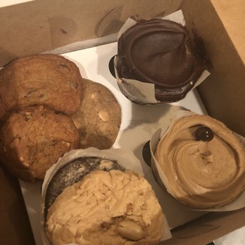 Baked & Wired - Clockwise from top left: cookies, Chocolate Doom Cupcake, Dirty Chai cupcake, Pretty Bitchin' cupcake (frosting moved in the car ride) - Bakeries Near Me - Washington, DC, District of Columbia