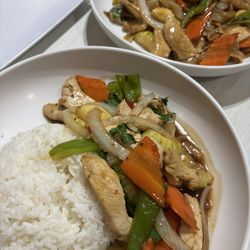 Tiger Asian Bowl - Pad Kee Mao (top) and basil stir fry (bottom)