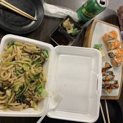 Sakura - Chicken udon, city roll, sweet potato roll and soda.