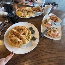 Clockwise: Mardi Gras Omelette, Crab Cake Benedict and Chicken & Waffles Clockwise: Mardi Gras Omelette, Crab Cake Benedict and Chicken & Waffles