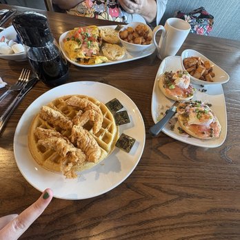 Another Broken Egg Cafe - Clockwise: Mardi Gras Omelette, Crab Cake Benedict and Chicken & Waffles - Breakfast & Brunch Near Me - Augusta, Georgia Another Broken Egg Cafe - Clockwise: Mardi Gras Omelette, Crab Cake Benedict and Chicken & Waffles - Breakfast & Brunch Near Me - Augusta, Georgia