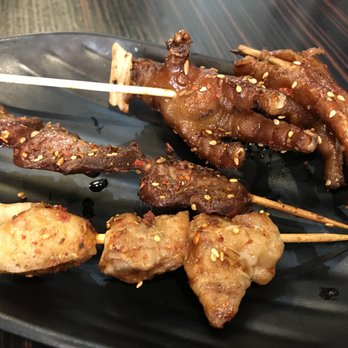 Friendship Bbq - From top: chicken feet, chicken heart, pork intestine - Barbeque Near Me - Flushing, New York