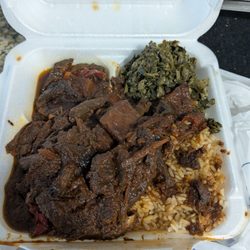 Taste of the Islands - Large Pepper Steak, Rice and Collards