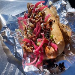Krautworx Street Food - The Cheech: All Beef Dog, Pico de Gallo, Pickled Onions/Jalepeno, Salsa Verde, Lemon/Garlic Aioli, Steamed Roll