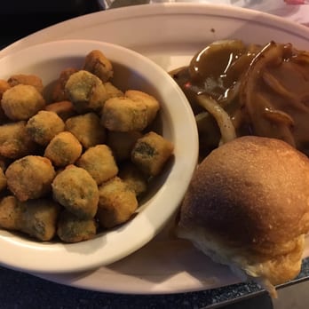 The Feed Mill - Hamburger steak with grilled onions and gravy. And fried okra. - Barbeque Near Me - Gatesville, Texas The Feed Mill - Hamburger steak with grilled onions and gravy. And fried okra. - Barbeque Near Me - Gatesville, Texas