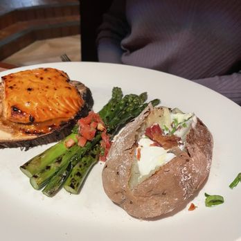 J. Gilbert's Wood-Fired Steaks & Seafood - Salmon loaded baked potato and asparagus - Steakhouses Near Me - Overland Park, Kansas J. Gilbert's Wood-Fired Steaks & Seafood - Salmon loaded baked potato and asparagus - Steakhouses Near Me - Overland Park, Kansas