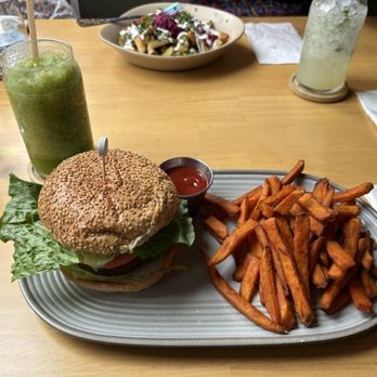 Just Falafel Vegan Cafe - Beetroot Falafel Burger with Sweet Potato Fries - Vegan Near Me - Houston, Texas