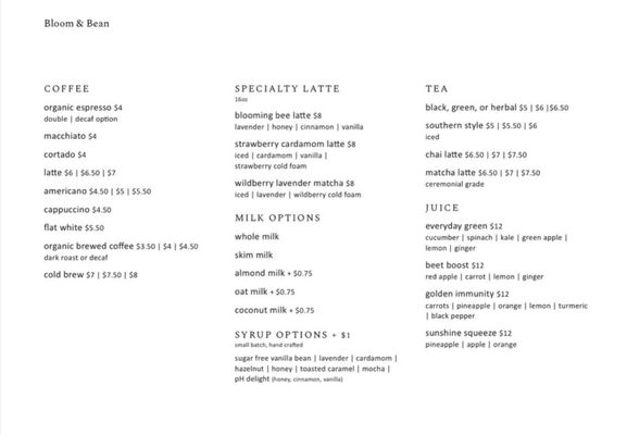 Menu photo 1 Bloom & Bean Mount Pleasant, SC