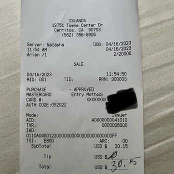 Islands Restaurant - My bill is $30.15 and I gave a $5 Cash tip. - Burgers Near Me - Cerritos, California Islands Restaurant - My bill is $30.15 and I gave a $5 Cash tip. - Burgers Near Me - Cerritos, California