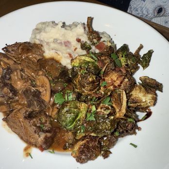The Butcher And Bottle - Red wine braised short rib with mashed potatoes and brussel sprouts - Seafood Near Me - Ellijay, Georgia