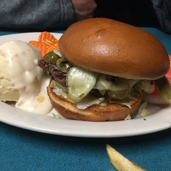 Mom's Cafe - Jalapeno Burger with mash white gravy and carrots. - Salad Near Me - Salina, Utah