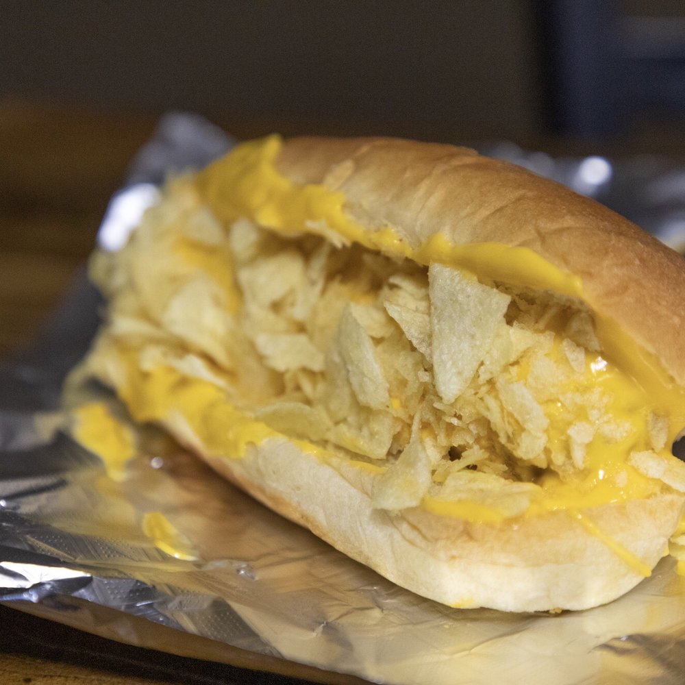 Puerto Rican style dog - nacho cheese and crumbled potato chips.  I love this one!