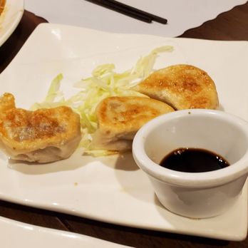 Hunan Chef - Pot Stickers w/thick skins and soy sauce dipping sauce. Serving portion was 4. - Chinese Near Me - Pleasanton, California Hunan Chef - Pot Stickers w/thick skins and soy sauce dipping sauce. Serving portion was 4. - Chinese Near Me - Pleasanton, California
