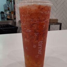 Peach strawberry fruit tea with extra strawberry add mango jelly.