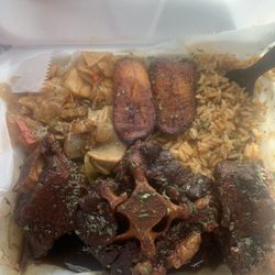 Vybez Kitchen - Oxtail combo. Rice and peas. Cabbage. Plantain.
