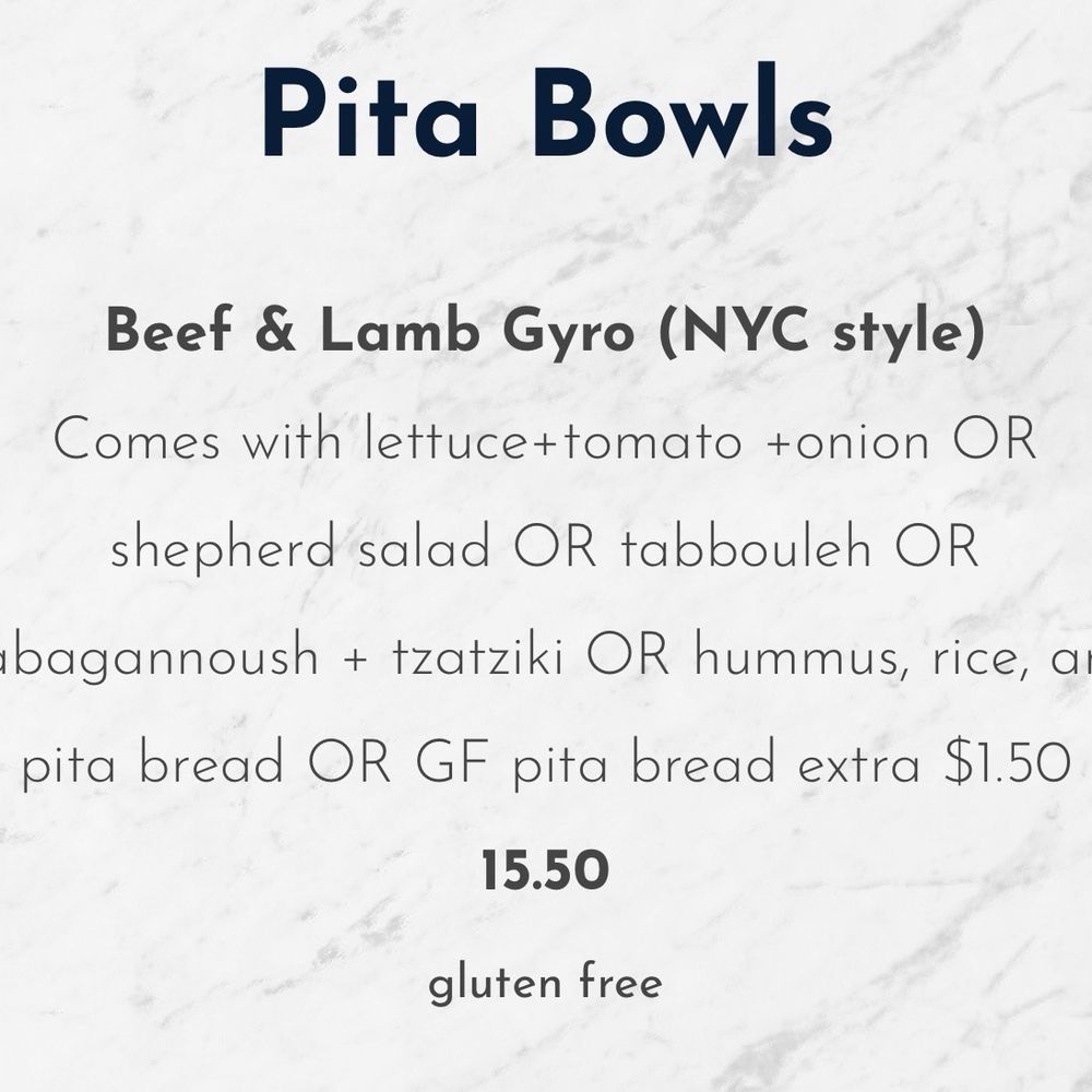Pita Bowl - Beef and lamb gyre bowl on the menu Clearly labeled gluten-free - Greek Near Me - Nutley, New Jersey Pita Bowl - Beef and lamb gyre bowl on the menu Clearly labeled gluten-free - Greek Near Me - Nutley, New Jersey