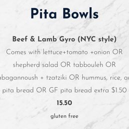 Beef and lamb gyre bowl on the menu Clearly labeled gluten-free