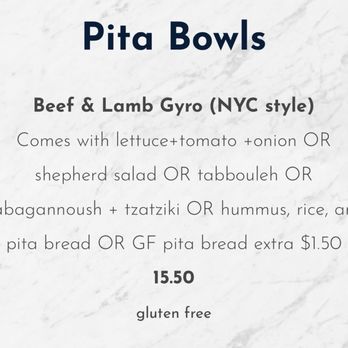 Pita Bowl - Beef and lamb gyre bowl on the menu Clearly labeled gluten-free - Greek Near Me - Nutley, New Jersey Pita Bowl - Beef and lamb gyre bowl on the menu Clearly labeled gluten-free - Greek Near Me - Nutley, New Jersey