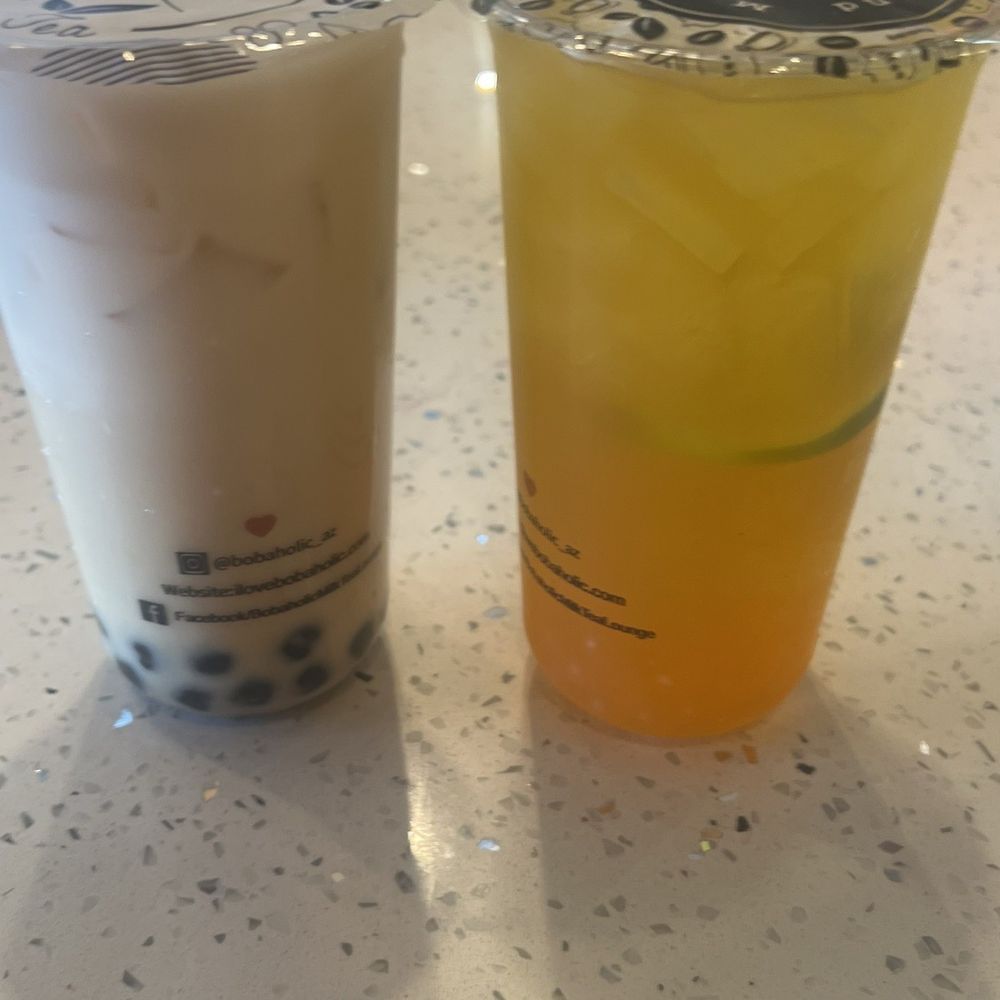 Bobaholic Milk Tea Lounge - Coconut Milk Tea with Boba and passion fruit green tea with mango popping boba - Bubble Tea Near Me - Phoenix, Arizona