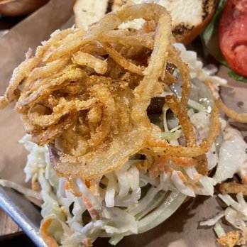 Swingbellys BBQ - a burger with onion rings and coleslaw - Barbeque Near Me - Long Beach, New York Swingbellys BBQ - a burger with onion rings and coleslaw - Barbeque Near Me - Long Beach, New York