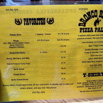 Bronco Billy's Pizza Niles - Back side of menu - Pizza Near Me - Fremont, California