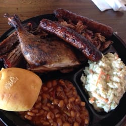 Ubon's Restaurant - Beef dry and hard, chicken ok, sausage salty, beans good, slaw ok. None of it is great