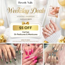 Beverly Nails - WEEKDAY DEALS ARE HERE! 
 $5 OFF Full Set
 $5 OFF Pedicures & Manicures
 Monday - Thursday
 Valid until 08/01/2025

Step into