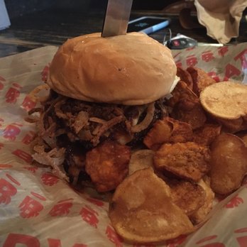 Burgatory - Robinson - Morty's Steakhouse- Peppercorn crusted beef w/horseradish cheddar, caramelized onions, haystack onions and cabernet sauce. $13 - Burgers Near Me - Pittsburgh, Pennsylvania Burgatory - Robinson - Morty's Steakhouse- Peppercorn crusted beef w/horseradish cheddar, caramelized onions, haystack onions and cabernet sauce. $13 - Burgers Near Me - Pittsburgh, Pennsylvania