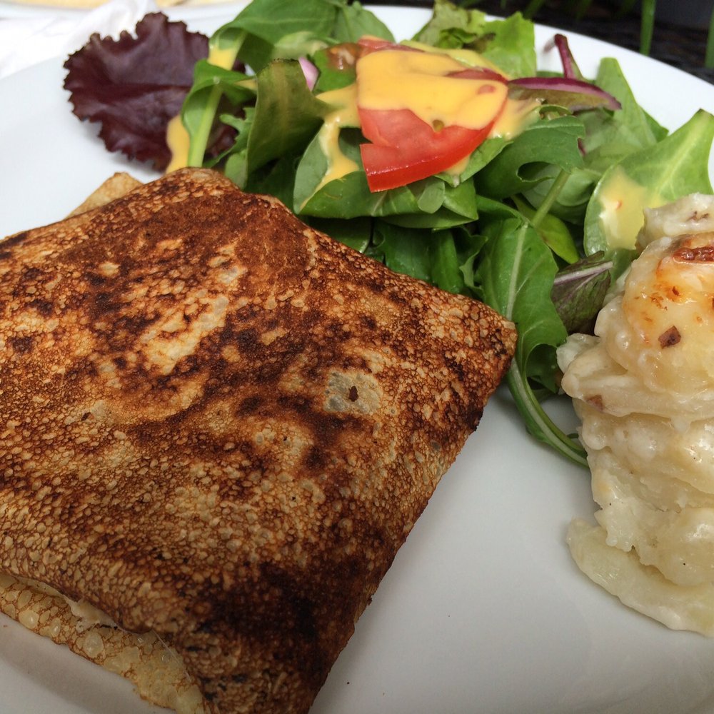 La Provence - Crepe country Ham and Gruyere? Cheese and kula greens salad lilikoi dressing and potatoes augratin. Home run. - French Near Me - Kula, Hawaii