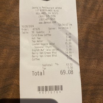 Denny's - Our food bill - Breakfast & Brunch Near Me - Redlands, California