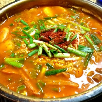 Korean Grill - army base stew, while it's on the hotplate at our table - Korean Near Me - Austin, Texas