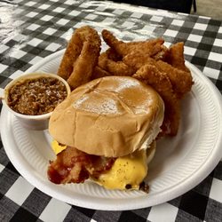 Bill's Grill - Double Cheeseburger with Bacon , Onion Rings , and Chili on the side