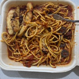 Putanesca. Too salty, too saucy, pasta overdone.