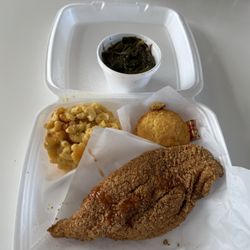 Fried catfish, Mac and Cheese, greens, and cornbread