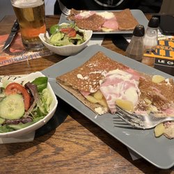 Aux Trois Gourmands - Ham, cheese, potato and cream crepe with side salad.
