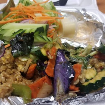 Malee Thai by Sriracha - Medium Spicy Eggplant w/veggies Lunch Special (egg roll not pictured due to hunger ), with Special Order Fried Brown Rice with Egg. - Thai Near Me - Carson, California Malee Thai by Sriracha - Medium Spicy Eggplant w/veggies Lunch Special (egg roll not pictured due to hunger ), with Special Order Fried Brown Rice with Egg. - Thai Near Me - Carson, California