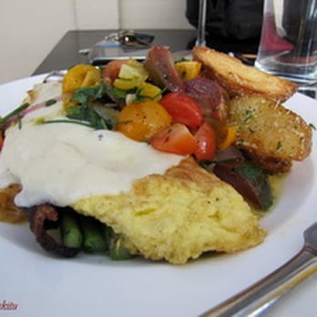 Meritage At Callaway - Bacon, asparagus and provolone omelet with fries and tomato salad - New American Near Me - Temecula, California Meritage At Callaway - Bacon, asparagus and provolone omelet with fries and tomato salad - New American Near Me - Temecula, California