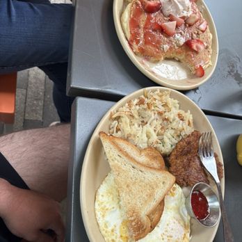 Snooze, an A.M. Eatery - Strawberry Shortcake Pancakes The Snooze Classic* - Breakfast & Brunch Near Me - The Woodlands, Texas