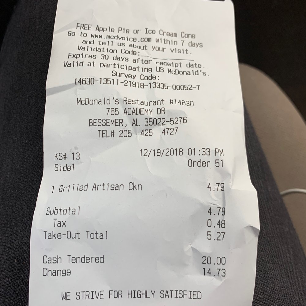 McDonald's - the receipt for the meal - Fast Food Near Me - Bessemer, Alabama