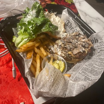 Cambridge Bar and Grill - Supposed to be a stroganoff burger and there's no Swiss cheese, but all this sourcream .no way will I be ordering from them again - Bars Near Me - Cambridge, Minnesota