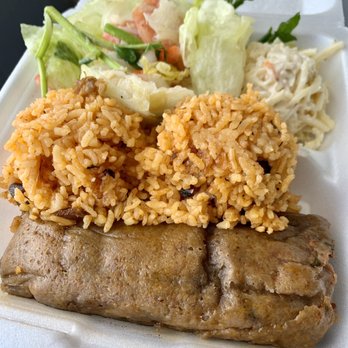 Jackie's Diner - Pastele plate with hot (spicy) pastele, Spanish rice, bacalao salad and mac (spaghetti) salad. - Hawaiian Near Me - Aiea, Hawaii