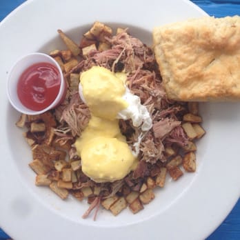 Mama's Boy - Pulled pork, potato hash, poached eggs, hollandaise, BISCUIT - Southern Near Me - Athens, Georgia