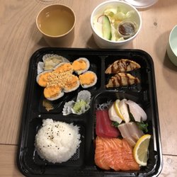 Kato Sushi - Sashimi dinner bento box with spicy salmon roll.