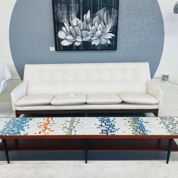 ShapeShifter - Arne Vodder White Leather MCM Couch with a Multi-Colored 8 foot tile/mosaic coffee table - Furniture Stores Near Me - Phoenix, Arizona