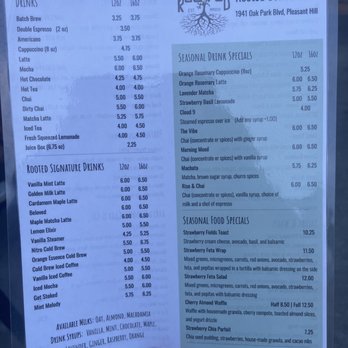 Rooted Coffee - Menu April 2023 - Coffee & Tea Near Me - Pleasant Hill, California