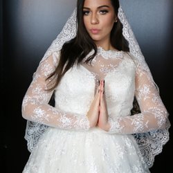 "Keeley" lace jacket and detachable skirt with extended cathedral length skirt.